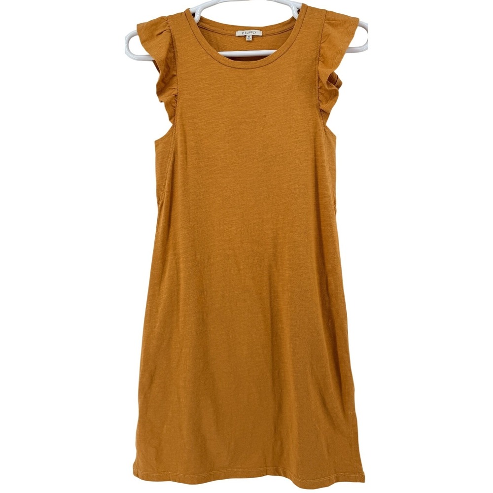 Z Supply Knit Dress Womens XS Mustard Ruffle Sleeve Casual Shift Mini